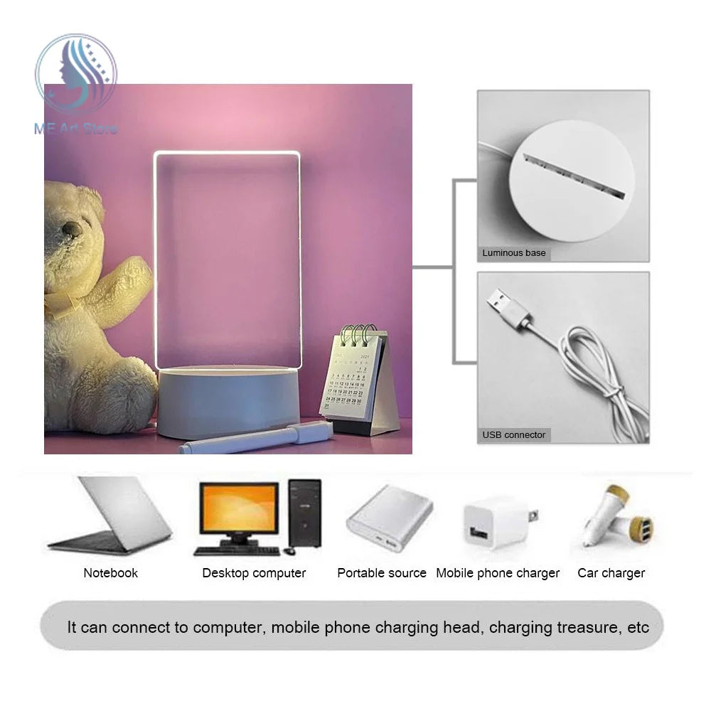 ✨ Luz Nocturna LED USB con Pizarra Acrílica para Mensajes ✨